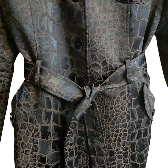 Bisou Bisou Croc Print Belted Jacket Brown/Black Faux Leather Look Trench Size L - Picture 5 of 13